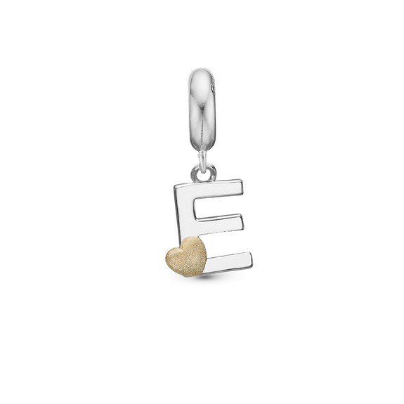 Alphabet - E - Pendant Charm hancrafted in Sterling Silver and an 18ct Gold heart