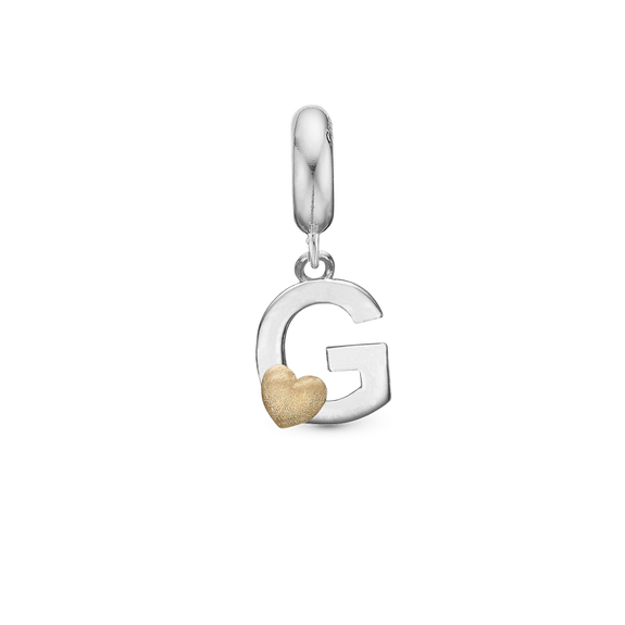 Alphabet - G - Pendant Charm hancrafted in Sterling Silver and an 18ct Gold heart