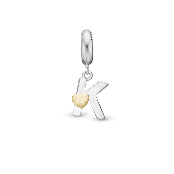 Alphabet - K - Pendant Charm hancrafted in Sterling Silver and an 18ct Gold heart