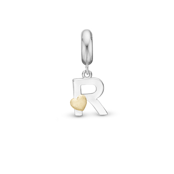 Alphabet - R - Pendant Charm hancrafted in Sterling Silver and an 18ct Gold heart
