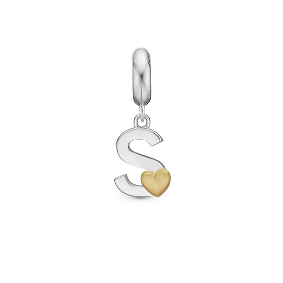 Alphabet - S - Pendant Charm hancrafted in Sterling Silver and an 18ct Gold heart