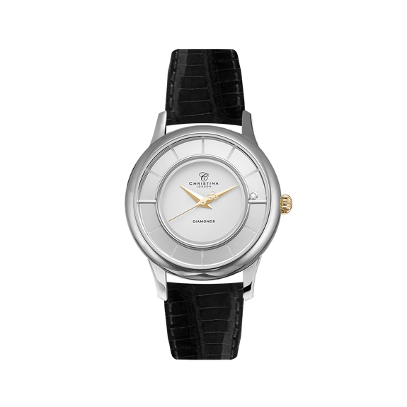Ladies Collect Watch with a Moving Real Diamond Black Leather Strap