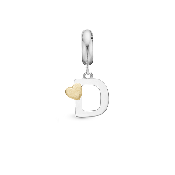 Alphabet - D -  Pendant Charm hancrafted in Sterling Silver and an 18ct Gold heart