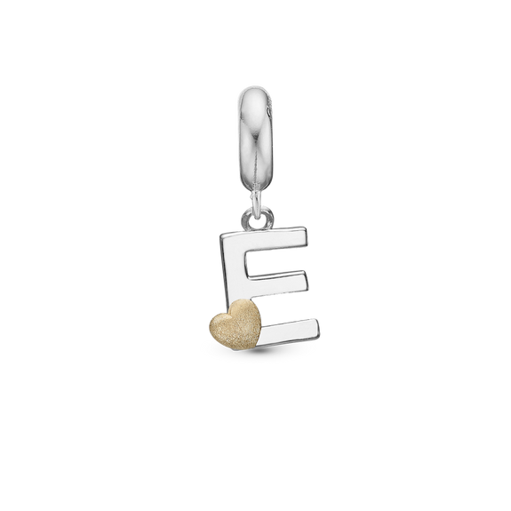 Alphabet - E -  Pendant Charm hancrafted in Sterling Silver and an 18ct Gold heart