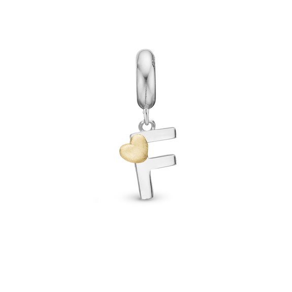 Alphabet - F -  Pendant Charm hancrafted in Sterling Silver and an 18ct Gold heart