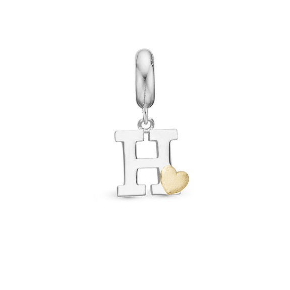 Alphabet - H -  Pendant Charm hancrafted in Sterling Silver and an 18ct Gold heart
