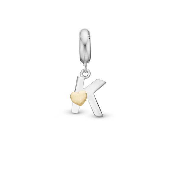 Alphabet - K -  Pendant Charm hancrafted in Sterling Silver and an 18ct Gold heart