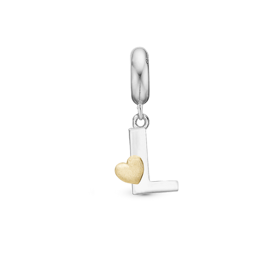 Alphabet - L -  Pendant Charm hancrafted in Sterling Silver and an 18ct Gold heart