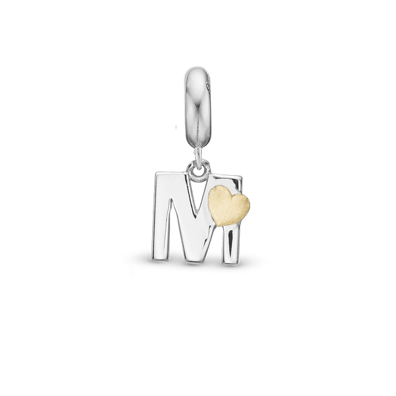 Alphabet - M -  Pendant Charm hancrafted in Sterling Silver and an 18ct Gold heart