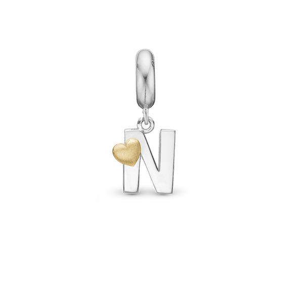 Alphabet - N -  Pendant Charm hancrafted in Sterling Silver and an 18ct Gold heart