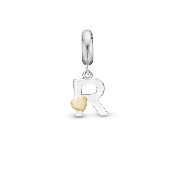Alphabet - R -  Pendant Charm hancrafted in Sterling Silver and an 18ct Gold heart