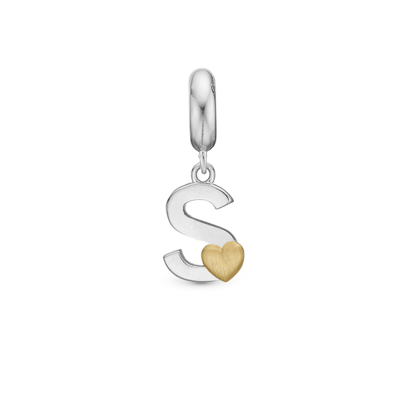 Alphabet - S -  Pendant Charm hancrafted in Sterling Silver and an 18ct Gold heart