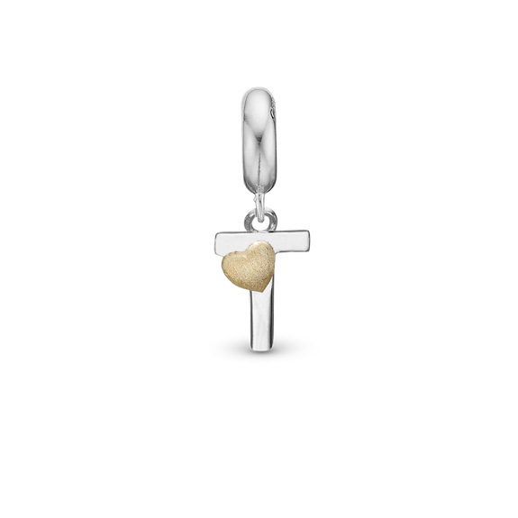 Alphabet - T -  Pendant Charm hancrafted in Sterling Silver and an 18ct Gold heart