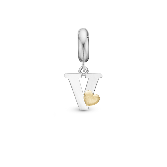 Alphabet - V -  Pendant Charm hancrafted in Sterling Silver and an 18ct Gold heart