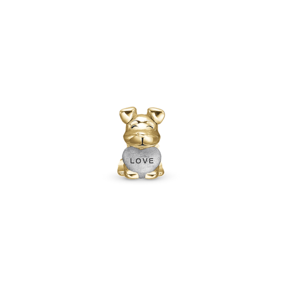 Puppy Love Bead Charm handcrafted in Sterling Silver and finished with an 18 ct Gold Plating for charm bracelets.