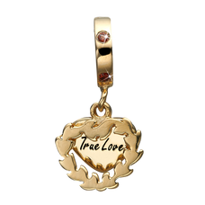 Load image into Gallery viewer, Remember forever that warm loving feeling with this beautifully designed hanging charm that has three parts to it: a ring decorated with five Ruby Gemstones; a heart shaped laurel and True Love engraved in a heart. Handcrafted in Silver finished with a Gold or Rhodium Plating 