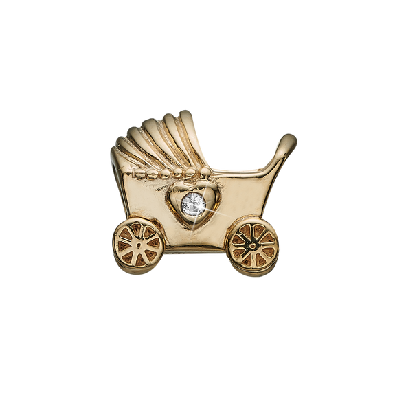 The New Arrival Charm delicately handcrafted in Sterling Silver in the shape of a baby's pram, decorated with two heart-shaped Real Topaz Gemstones to express eternal love for the new born child. What can be better to symbolise such a wonderful time filled with lots of fun, love, and cuddles. 