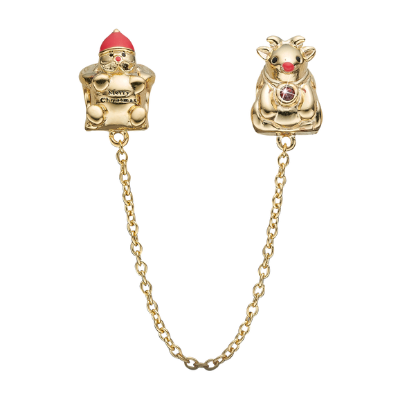 Make a statement this Christmas with the Christmas Safety Chain, depicting Santa at one end with a Merry Christmas belt and Rudolph proudly showing of his red nose and decorated with a Real Ruby on its collar. Handcrafted in Sterling Silver and finished with 18ct Gold or Rhodium Plating