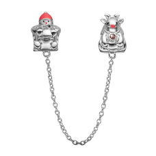 Load image into Gallery viewer, Make a statement this Christmas with the Christmas Safety Chain, depicting Santa at one end with a Merry Christmas belt and Rudolph proudly showing of his red nose and decorated with a Real Ruby on its collar. Handcrafted in Sterling Silver and finished with 18ct Gold or Rhodium Plating