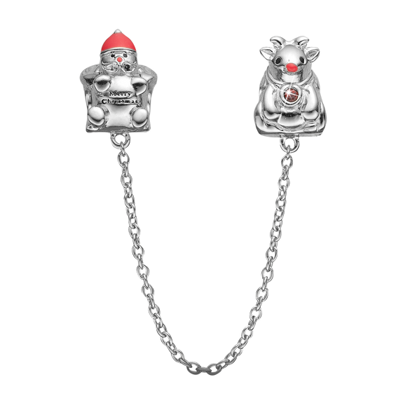 Make a statement this Christmas with the Christmas Safety Chain, depicting Santa at one end with a Merry Christmas belt and Rudolph proudly showing of his red nose and decorated with a Real Ruby on its collar. Handcrafted in Sterling Silver and finished with 18ct Gold or Rhodium Plating