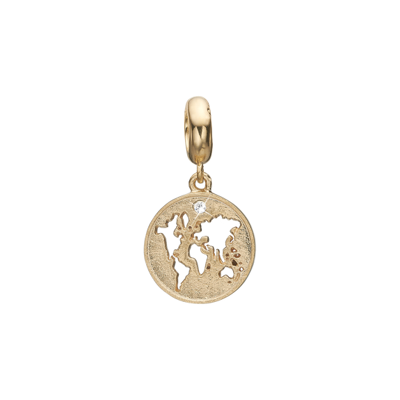 The World Hanging Charm, Hand Crafted in 925 Sterling Silver finished with either Rhoduim Plating or 18kt Gold and further embellished with One White Topaz gemstone