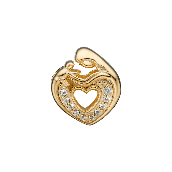 The Motherly Love Charm, handcrafted in Sterling Silver & available in a Silver or Gold Finish. This is the most Beautifully Designed and Crafted charm depicting a mother holding her child in the shape of a heart and is adorned with genuine White Topaz gemstones.  The Perfect gift for new Mother or your special Mother.