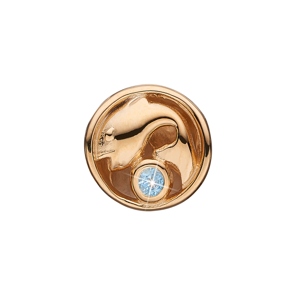 Zodiac Pisces Bead Charm, Hand Crafted in 925 Sterling Silver finished with either Rhoduim Plating or 18kt Gold and further embellished with One Blue Aquamarine gemstone