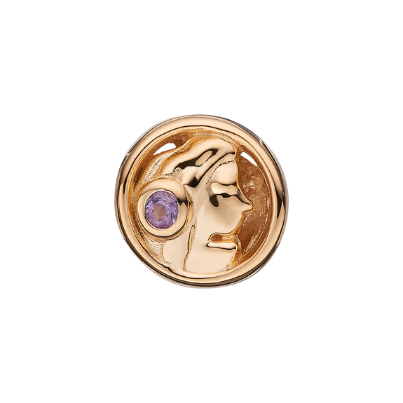 Zodiac Virgo Bead Charm, Hand Crafted in 925 Sterling Silver finished with either Rhoduim Plating or 18kt Gold and further embellished with One Purple Amethyst gemstone