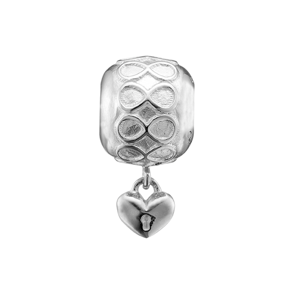 The Eternal Love Charm is designed, with a heart with a keyhole suspended from a bead charm that has the Infinity Number engraved several times around it.  The perfect charm to give to the Love of Your Life, handcrafted in Sterling Silver and finished in either 18ct Gold or Rhodium Plating