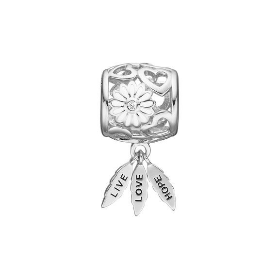 The Live, Love, Hope Charm, crafted in Sterling Silver & available in a Silver or Gold Finish,  This Heart laced patterned charm and with a a pure white daisy in the centre has three petals that show us the way to happiness and contentment in life. The perfect gift to a friend or loved one.