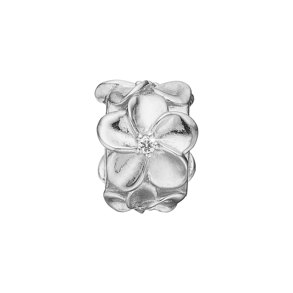 The Bloom Stopper Charm, handcrafted in Sterling Silver & available in a Silver or Gold Finish. Flowers have had many meanings in myths and legends and are associated with Youth, Beauty, and Pleasure.  This Stopper charm with Four Genuine White Topaz gemstones is perfect to organise and glitz your bracelet.