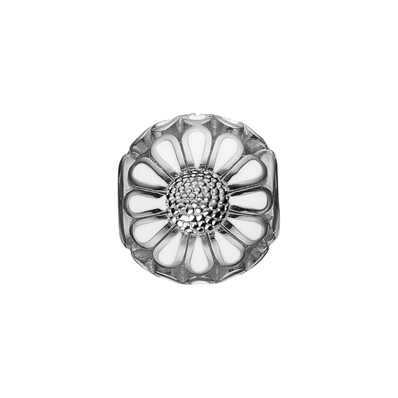 Daisy Bead Charm, Hand Crafted in 925 Sterling Silver finished with either Rhodium Plating or 18kt Gold with White Enamel