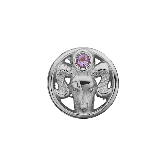 Zodiac Aries Bead Charm, Hand Crafted in 925 Sterling Silver finished with either Rhoduim Plating or 18kt Gold and further embellished with One Purple Amethyst gemstone