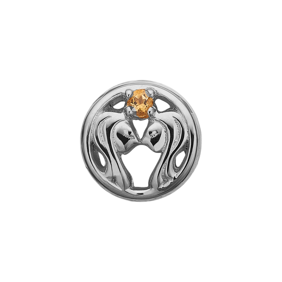 Zodiac Gemini Bead Charm, Hand Crafted in 925 Sterling Silver finished with either Rhoduim Plating or 18kt Gold and further embellished with One Yellow Citrine gemstone