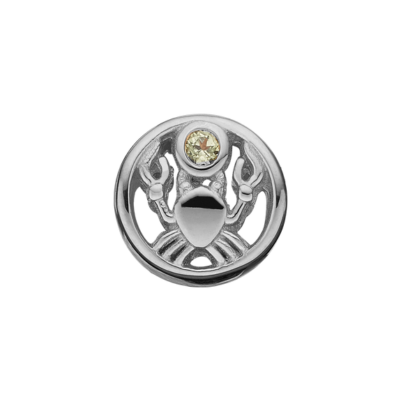 Zodiac Cancer Bead Charm, Hand Crafted in 925 Sterling Silver finished with either Rhoduim Plating or 18kt Gold and further embellished with One Yellow Peridot gemstone