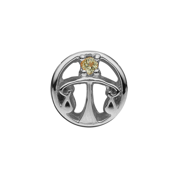 Zodiac Libra Bead Charm, Hand Crafted in 925 Sterling Silver finished with either Rhoduim Plating or 18kt Gold and further embellished with One Yellow Peridot gemstone