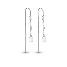 Load image into Gallery viewer, Pearl Drop Earrings handcrafted in Sterling Silver and finished with a Rhodium plating