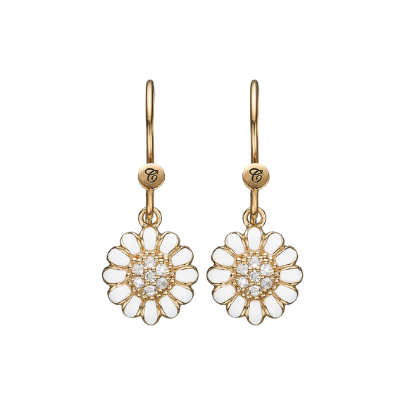 White Marguerite Hanging Earringss handcrafted in 925 Sterling Silver and availavle in Gold or Silver finish with Real Gemstones