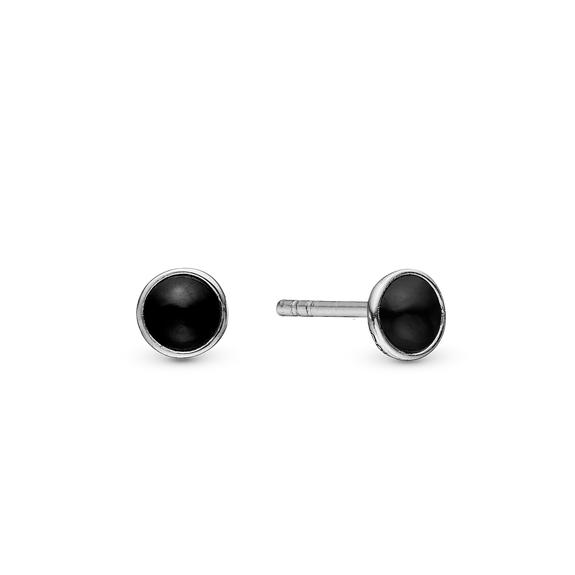 Round Onyx Stud Earrings handcrafted in Sterling Silver and finished with a Rhodium plating