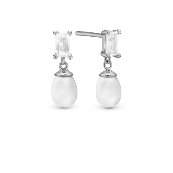 Glistening Pearl Studs handcrafted in Sterling Silver and finished with a Rhodium plating