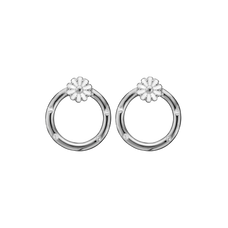 Load image into Gallery viewer, Daisies Circle Studs handrcarfted in Sterling Silver and finished with a Rhodium Plating with Gemstones