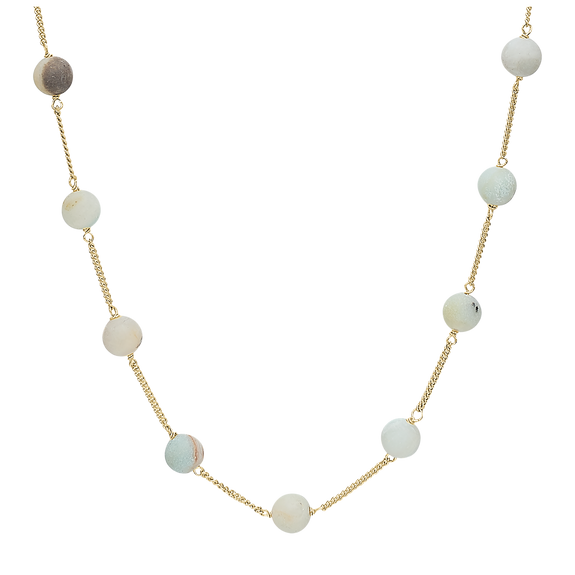Tranquility Necklace handcrafted in Sterling Silver and finished with an 18 Gold.  This necklace with seven Amazonite gemstones exudes soothing tranquillity making this exquisite necklace great for everyday wear or as that finishing touch to your outfit.