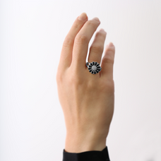 Load image into Gallery viewer, Large Daisy - Black Handcrafted Ring in Sterling Silver and available in Gold or a Silver Finish and Black with Gemstones