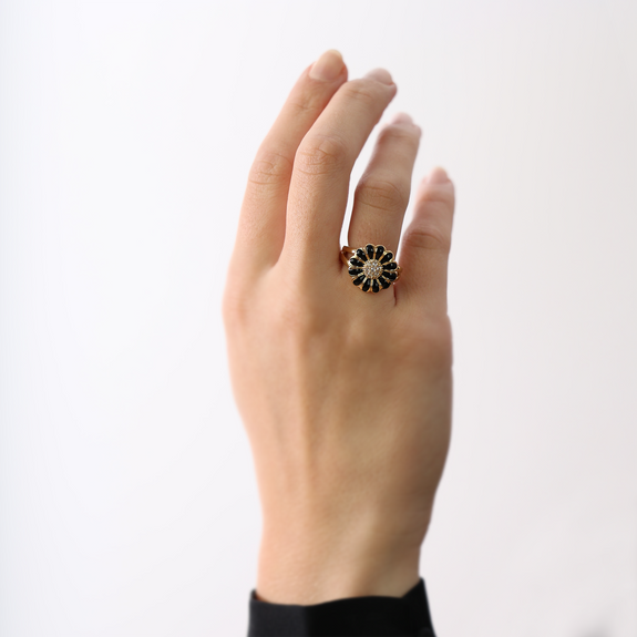 Large Daisy - Black Handcrafted Ring in Sterling Silver and available in Gold or a Silver Finish and Black with Gemstones